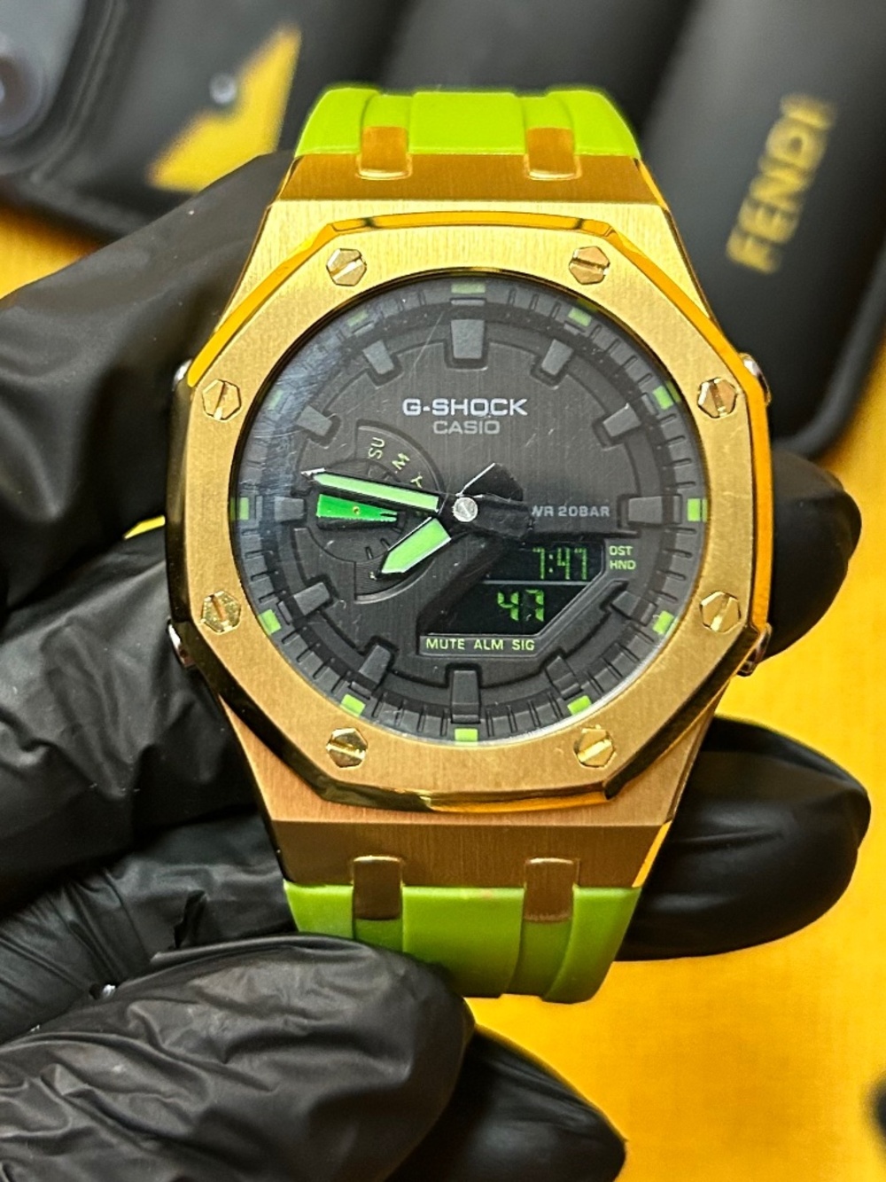 Custom G-Shock Metal Mod Gold Black Lime Strap